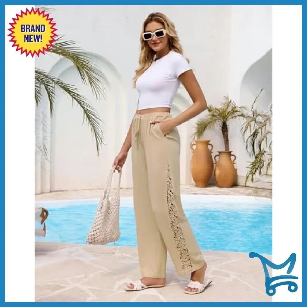 Linen Wide Leg Pants High Waisted Crochet Panel Elastic Waist Summer